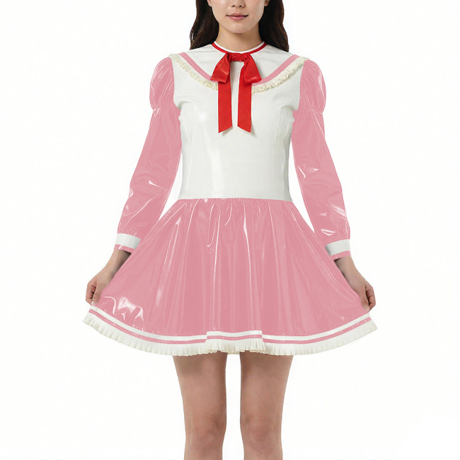 New College Style Cosplay A-line Dress Vinyl PVC Leather Long Sleeves Short Pleated Dress Halloween Maid Sailor Dress Outfits