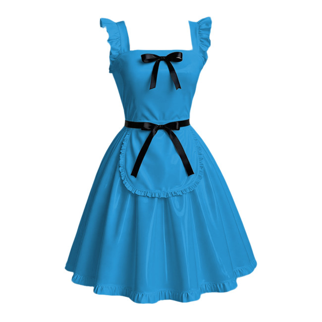 Anime Maid Cosplay A-line Dress Sissy Sexy Suspender Lolita Maid Dress Outfits Glossy PVC Leather Retro Maid Apron Fancy Dress