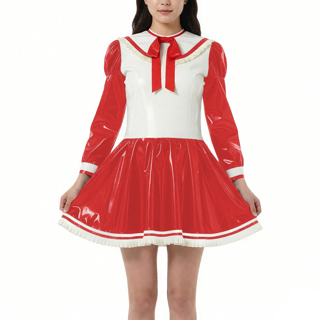 New College Style Cosplay A-line Dress Vinyl PVC Leather Long Sleeves Short Pleated Dress Halloween Maid Sailor Dress Outfits