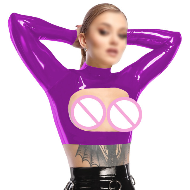 Sissy Open Breast Sexy Crop Tops PVC Patent Leather Long Sleeves Cutout T-shirts Nipple Exposed Short Top Wetlook Erotic Costume