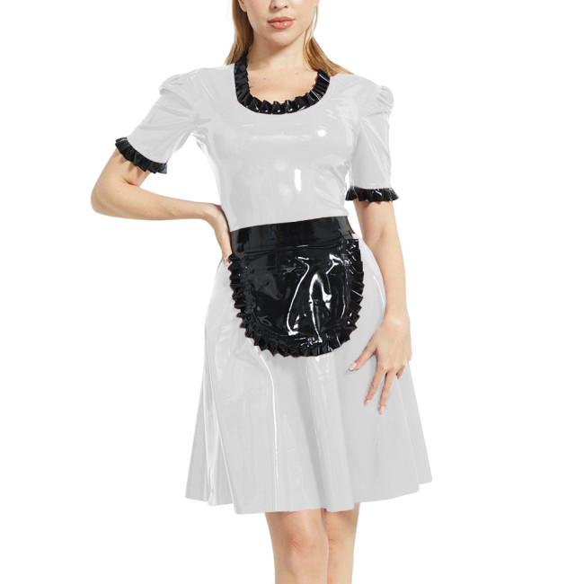 Cross-dresser Lolita Short Sleeve Maid Uniforms Sissy Halloween Party Cosplay Maid Dress with Apron Sweet Ruffles Maid Outfits