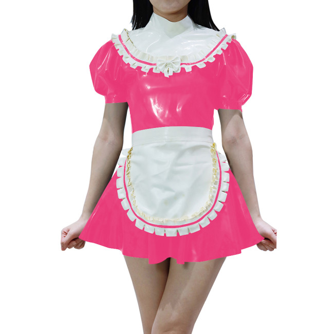 Sweet Sissy Mini Maid Prom Dress with Apron Sissy Cosplay Maidservant Dress Sets Puff Short Sleeve PVC Shiny Party Maid Uniforms