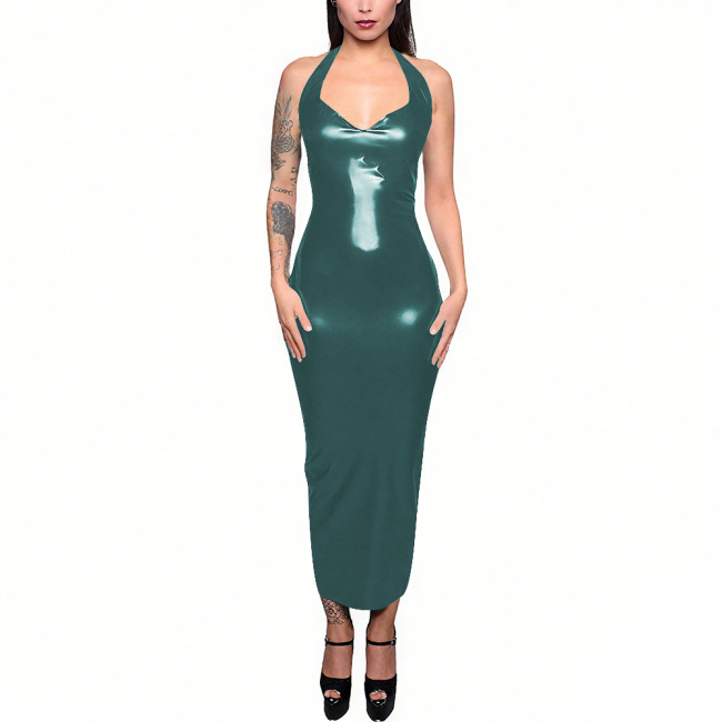 Evening Wetlook Halter Sleeveless Sexy Maxi Dress Women Sexy Slim Back Zipper Split Long Dress Female Club Party Pencil Dresses