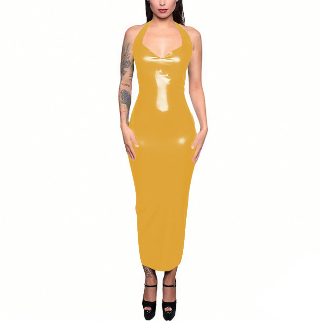 Evening Wetlook Halter Sleeveless Sexy Maxi Dress Women Sexy Slim Back Zipper Split Long Dress Female Club Party Pencil Dresses