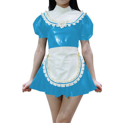 Sweet Sissy Mini Maid Prom Dress with Apron Sissy Cosplay Maidservant Dress Sets Puff Short Sleeve PVC Shiny Party Maid Uniforms