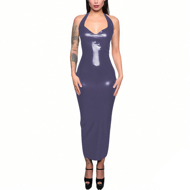 Evening Wetlook Halter Sleeveless Sexy Maxi Dress Women Sexy Slim Back Zipper Split Long Dress Female Club Party Pencil Dresses