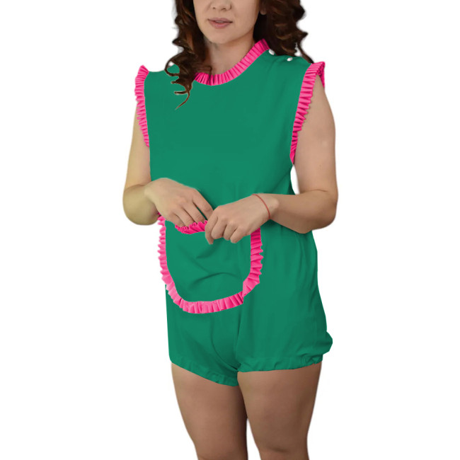 Adult Baby Sleeveless Rompers Glossy PVC Leather Ruffles Trimming Bodysuit Sissy Pocket Onesie Shoulder Snaps Cosplay Catsuit