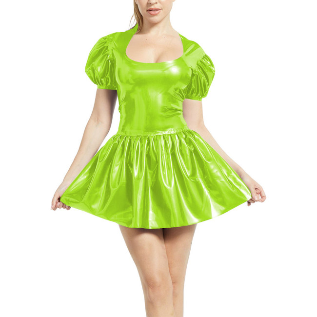 Scoop Neck Pleated Dress for Women Puff Short Sleeve Chic PVC Shiny Leather Mini Dress Sissy Party Vintage Short Gown Dress