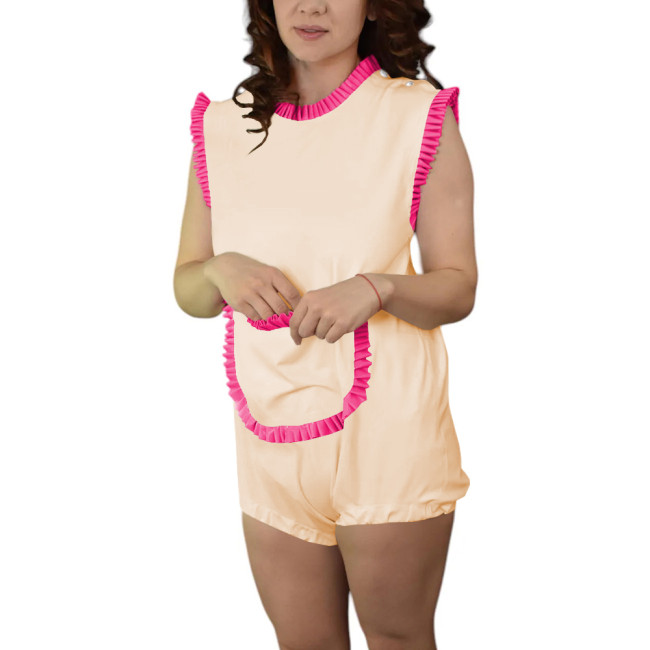 Adult Baby Sleeveless Rompers Glossy PVC Leather Ruffles Trimming Bodysuit Sissy Pocket Onesie Shoulder Snaps Cosplay Catsuit