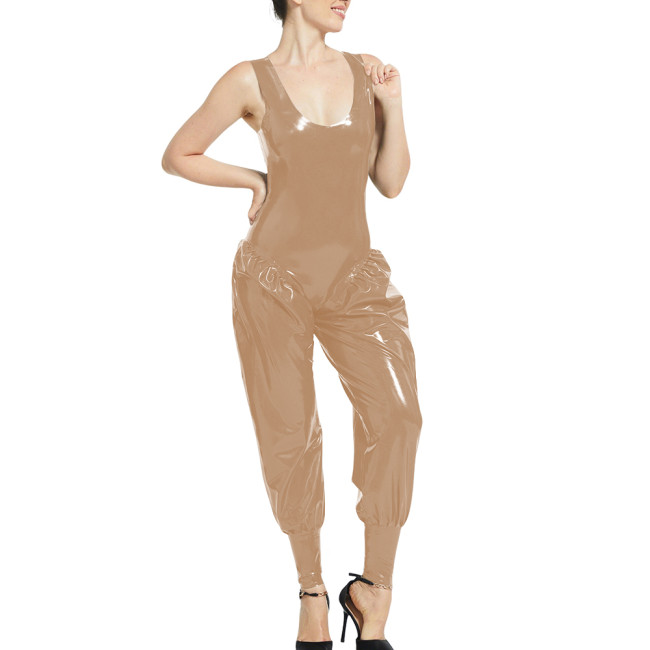 Fashion Laides Bloomers Sexy Jumpsuit Women Draped Overalls Sleeveless Scoop Neck PVC Shiny Rompers Zipper Back Party Catsuit