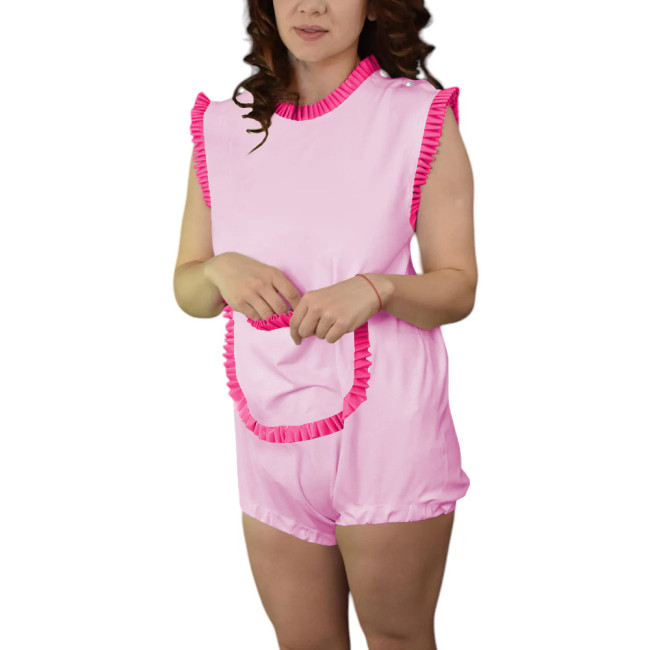 Adult Baby Sleeveless Rompers Glossy PVC Leather Ruffles Trimming Bodysuit Sissy Pocket Onesie Shoulder Snaps Cosplay Catsuit