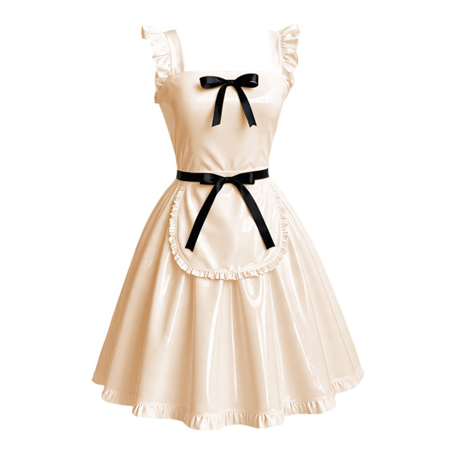 Anime Maid Cosplay A-line Dress Sissy Sexy Suspender Lolita Maid Dress Outfits Glossy PVC Leather Retro Maid Apron Fancy Dress