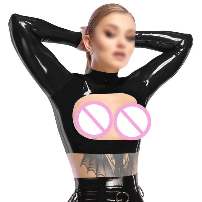Sissy Open Breast Sexy Crop Tops PVC Patent Leather Long Sleeves Cutout T-shirts Nipple Exposed Short Top Wetlook Erotic Costume