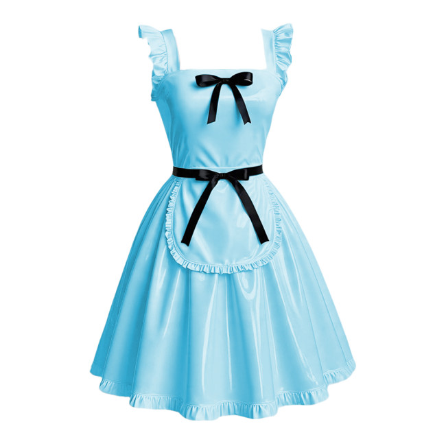 Anime Maid Cosplay A-line Dress Sissy Sexy Suspender Lolita Maid Dress Outfits Glossy PVC Leather Retro Maid Apron Fancy Dress