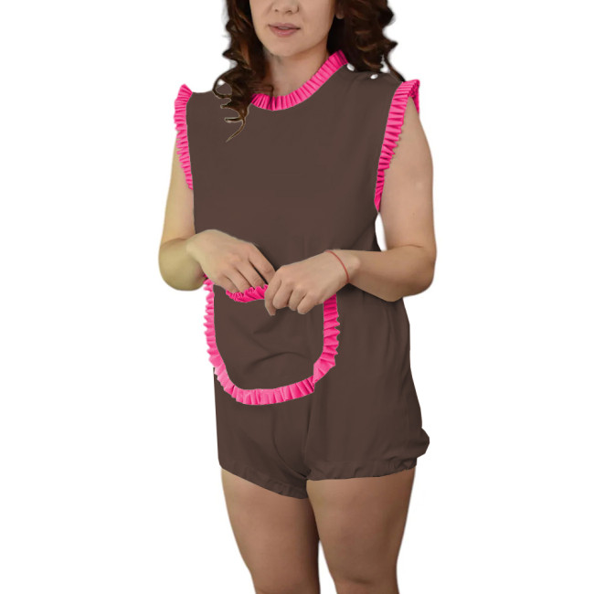 Adult Baby Sleeveless Rompers Glossy PVC Leather Ruffles Trimming Bodysuit Sissy Pocket Onesie Shoulder Snaps Cosplay Catsuit