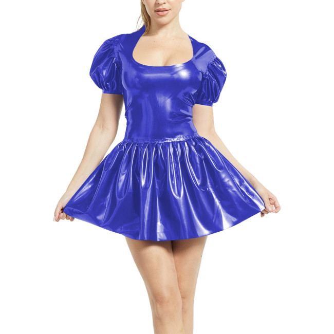 Scoop Neck Pleated Dress for Women Puff Short Sleeve Chic PVC Shiny Leather Mini Dress Sissy Party Vintage Short Gown Dress