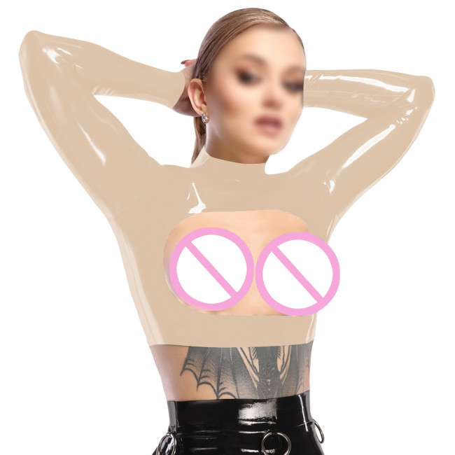 Sissy Open Breast Sexy Crop Tops PVC Patent Leather Long Sleeves Cutout T-shirts Nipple Exposed Short Top Wetlook Erotic Costume