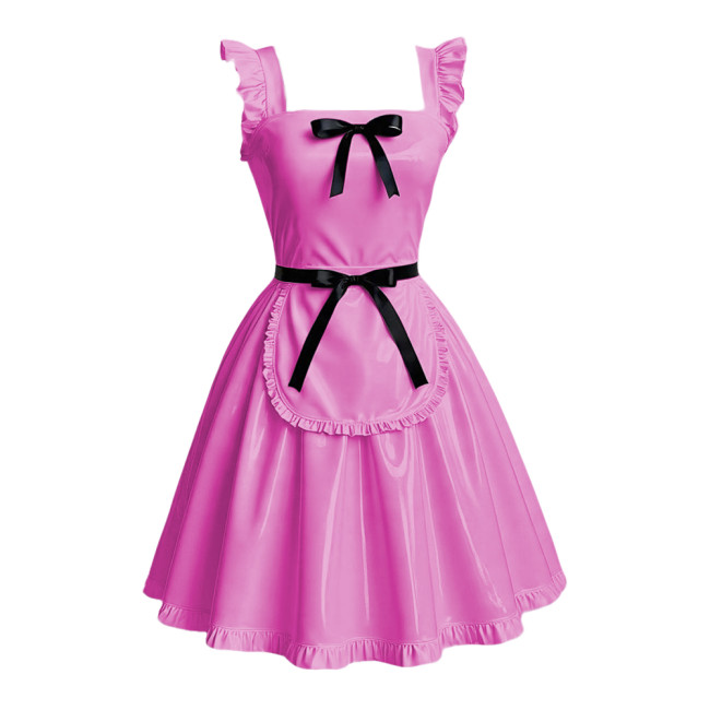 Anime Maid Cosplay A-line Dress Sissy Sexy Suspender Lolita Maid Dress Outfits Glossy PVC Leather Retro Maid Apron Fancy Dress
