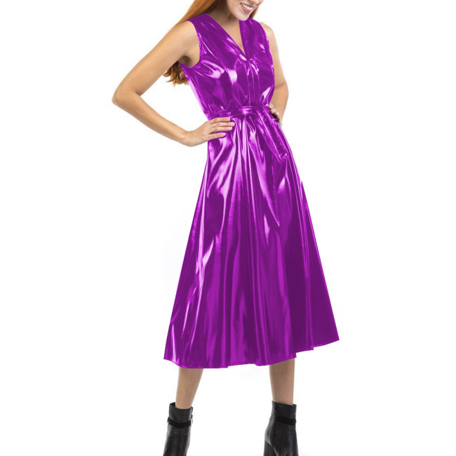High Street Casual Midi Dress Office Ladies Glossy PVC Leather V Neck Dress Sleeveless Party High Waist Belted A-line Dresses