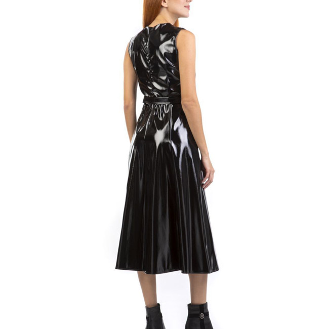 High Street Casual Midi Dress Office Ladies Glossy PVC Leather V Neck Dress Sleeveless Party High Waist Belted A-line Dresses