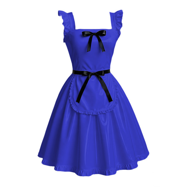 Anime Maid Cosplay A-line Dress Sissy Sexy Suspender Lolita Maid Dress Outfits Glossy PVC Leather Retro Maid Apron Fancy Dress