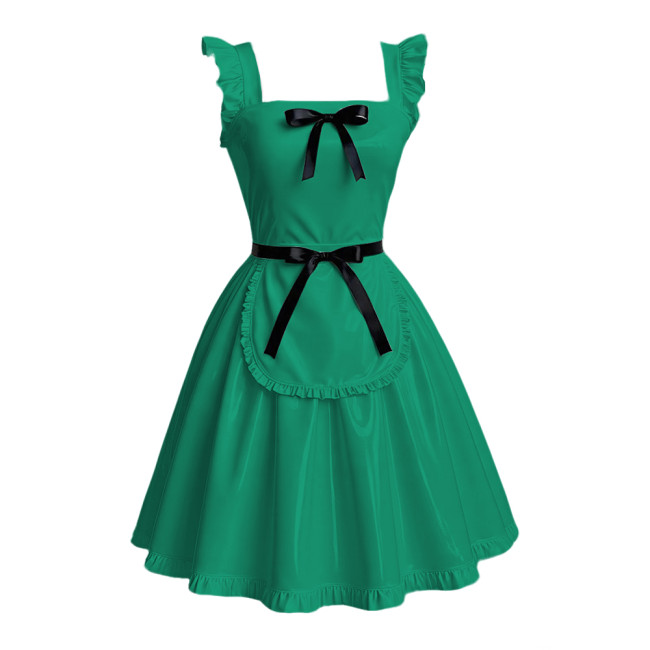 Anime Maid Cosplay A-line Dress Sissy Sexy Suspender Lolita Maid Dress Outfits Glossy PVC Leather Retro Maid Apron Fancy Dress