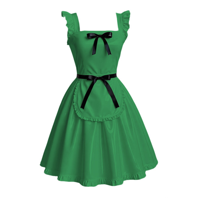 Anime Maid Cosplay A-line Dress Sissy Sexy Suspender Lolita Maid Dress Outfits Glossy PVC Leather Retro Maid Apron Fancy Dress