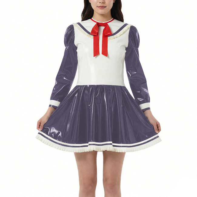 New College Style Cosplay A-line Dress Vinyl PVC Leather Long Sleeves Short Pleated Dress Halloween Maid Sailor Dress Outfits