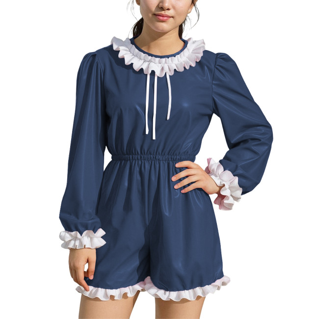 Womens Plus Size Party Puff Long Sleeve Rompers Ruffles High Waist Contrast PVC Leather Bodysuits Sissy Cosplay Short Jumpsuit