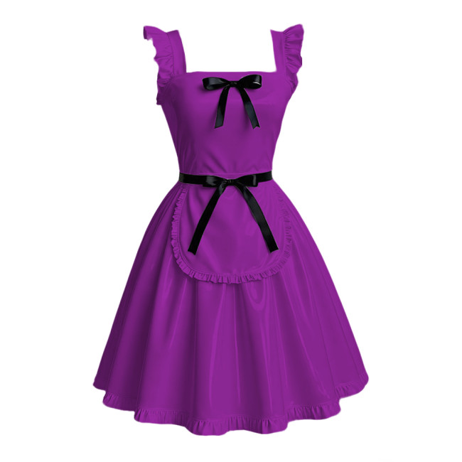 Anime Maid Cosplay A-line Dress Sissy Sexy Suspender Lolita Maid Dress Outfits Glossy PVC Leather Retro Maid Apron Fancy Dress