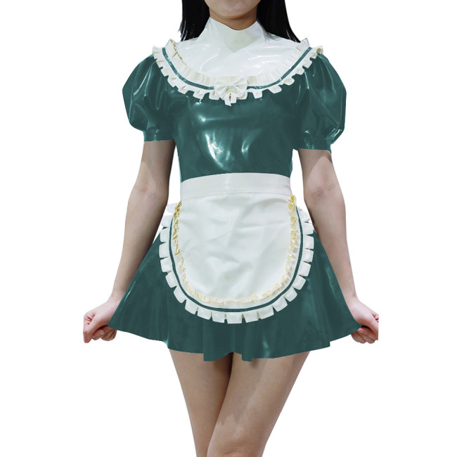 Sweet Sissy Mini Maid Prom Dress with Apron Sissy Cosplay Maidservant Dress Sets Puff Short Sleeve PVC Shiny Party Maid Uniforms