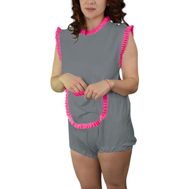 Adult Baby Sleeveless Rompers Glossy PVC Leather Ruffles Trimming Bodysuit Sissy Pocket Onesie Shoulder Snaps Cosplay Catsuit