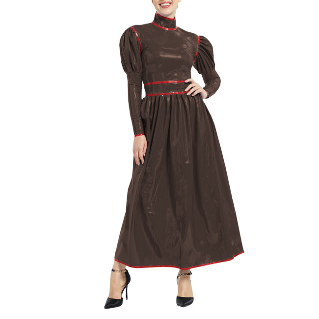 Women's High Neck Long Pleated Dress Puff Long Sleeve Zipper Back PVC Shiny Dress Elegant Formal Party Robe Wet Look Vestidosigh Waist Belted A-line Dresses