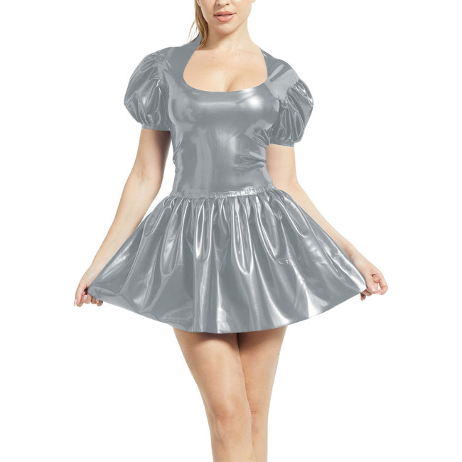 Scoop Neck Pleated Dress for Women Puff Short Sleeve Chic PVC Shiny Leather Mini Dress Sissy Party Vintage Short Gown Dress