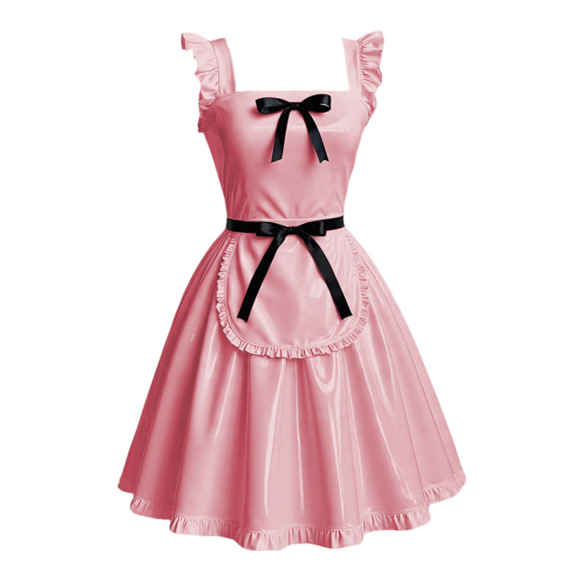 Anime Maid Cosplay A-line Dress Sissy Sexy Suspender Lolita Maid Dress Outfits Glossy PVC Leather Retro Maid Apron Fancy Dress