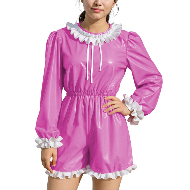 Womens Plus Size Party Puff Long Sleeve Rompers Ruffles High Waist Contrast PVC Leather Bodysuits Sissy Cosplay Short Jumpsuit