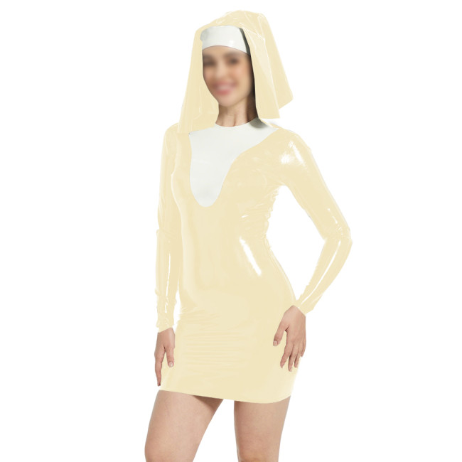Womens Nun Cosplay Mini Dress with Headwear Vinyl PVC Leather Long Sleeve Slim Dress for Halloween Theme Parties Novelty Outfits