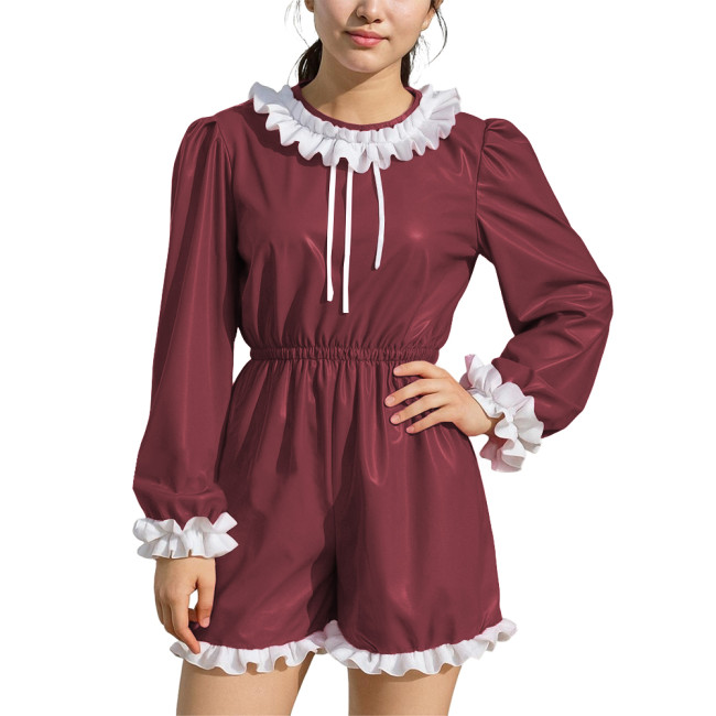 Womens Plus Size Party Puff Long Sleeve Rompers Ruffles High Waist Contrast PVC Leather Bodysuits Sissy Cosplay Short Jumpsuit