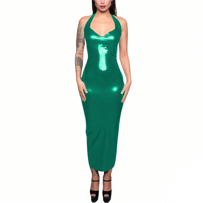 Evening Wetlook Halter Sleeveless Sexy Maxi Dress Women Sexy Slim Back Zipper Split Long Dress Female Club Party Pencil Dresses