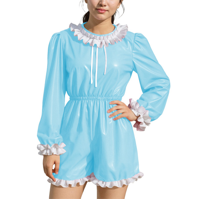 Womens Plus Size Party Puff Long Sleeve Rompers Ruffles High Waist Contrast PVC Leather Bodysuits Sissy Cosplay Short Jumpsuit