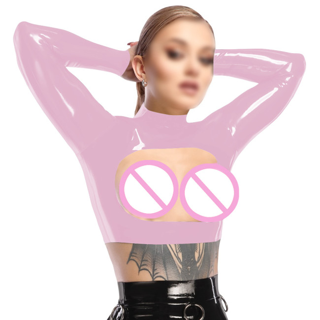 Sissy Open Breast Sexy Crop Tops PVC Patent Leather Long Sleeves Cutout T-shirts Nipple Exposed Short Top Wetlook Erotic Costume