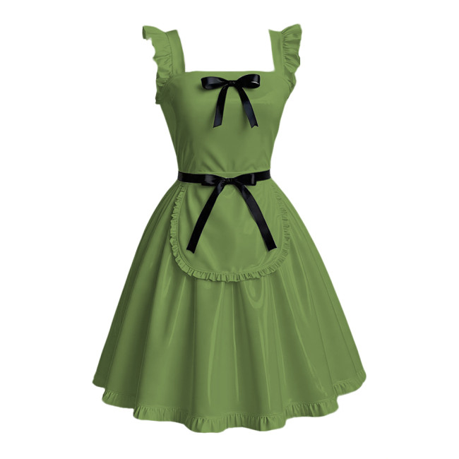 Anime Maid Cosplay A-line Dress Sissy Sexy Suspender Lolita Maid Dress Outfits Glossy PVC Leather Retro Maid Apron Fancy Dress