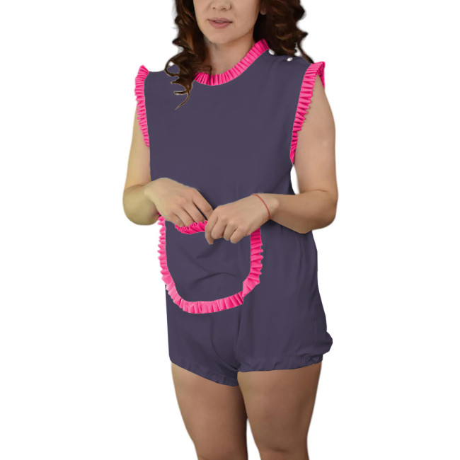 Adult Baby Sleeveless Rompers Glossy PVC Leather Ruffles Trimming Bodysuit Sissy Pocket Onesie Shoulder Snaps Cosplay Catsuit