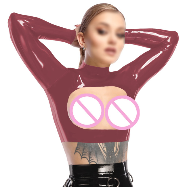 Sissy Open Breast Sexy Crop Tops PVC Patent Leather Long Sleeves Cutout T-shirts Nipple Exposed Short Top Wetlook Erotic Costume