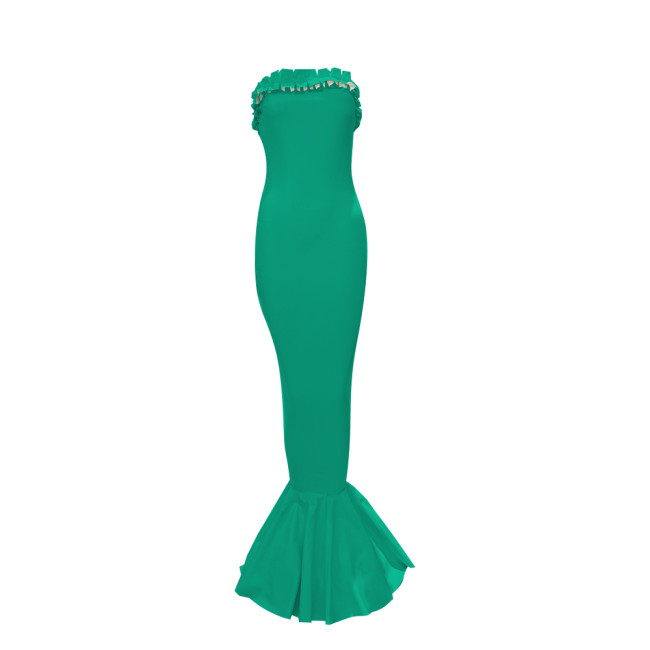 Wet Look Ruffle Trim Off Shoulder PVC Mermaid Dress Elegant Formal Maxi Evening Gown Sexy Strapless Sleeveless Tight Long Dress