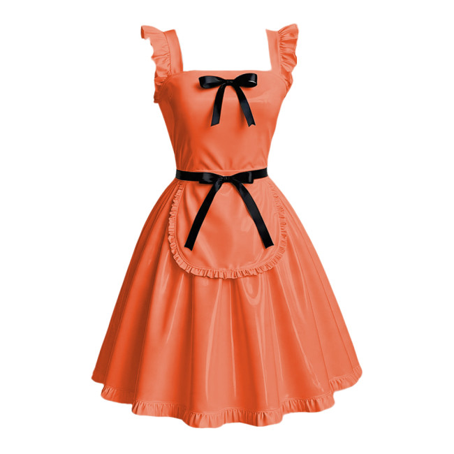Anime Maid Cosplay A-line Dress Sissy Sexy Suspender Lolita Maid Dress Outfits Glossy PVC Leather Retro Maid Apron Fancy Dress