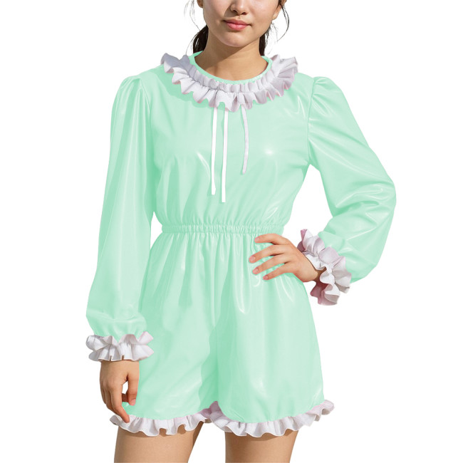Womens Plus Size Party Puff Long Sleeve Rompers Ruffles High Waist Contrast PVC Leather Bodysuits Sissy Cosplay Short Jumpsuit