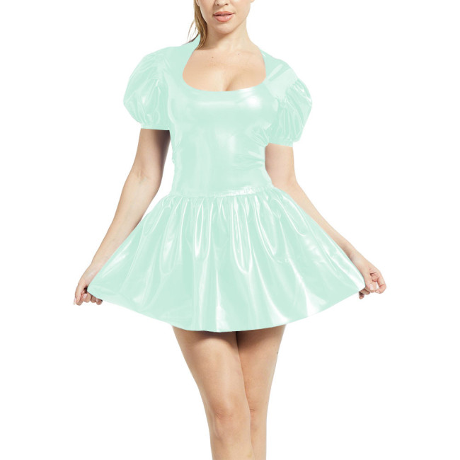 Scoop Neck Pleated Dress for Women Puff Short Sleeve Chic PVC Shiny Leather Mini Dress Sissy Party Vintage Short Gown Dress