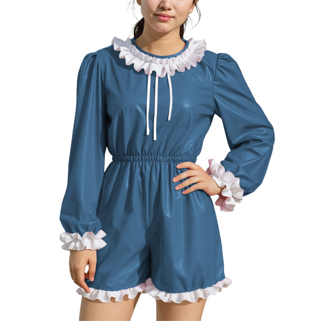 Womens Plus Size Party Puff Long Sleeve Rompers Ruffles High Waist Contrast PVC Leather Bodysuits Sissy Cosplay Short Jumpsuit