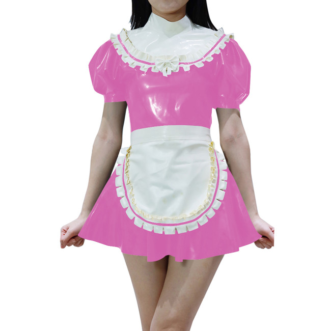 Sweet Sissy Mini Maid Prom Dress with Apron Sissy Cosplay Maidservant Dress Sets Puff Short Sleeve PVC Shiny Party Maid Uniforms